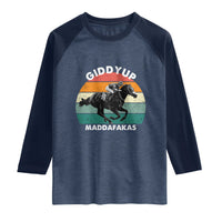 Giddy Up Madafakas Retro Sunset Horse Racing Raglan Shirt Funny Sarcastic Equestrian Jockey Vintage 70s