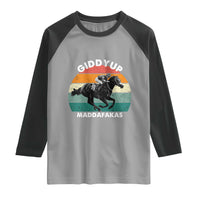 Giddy Up Madafakas Retro Sunset Horse Racing Raglan Shirt Funny Sarcastic Equestrian Jockey Vintage 70s