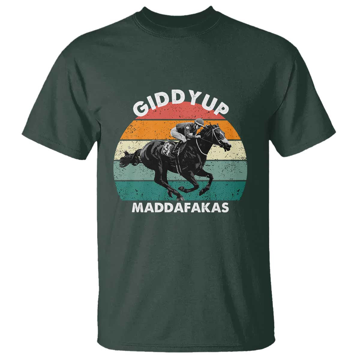 Giddy Up Madafakas Retro Sunset Horse Racing T Shirt Funny Sarcastic Equestrian Jockey Vintage 70s