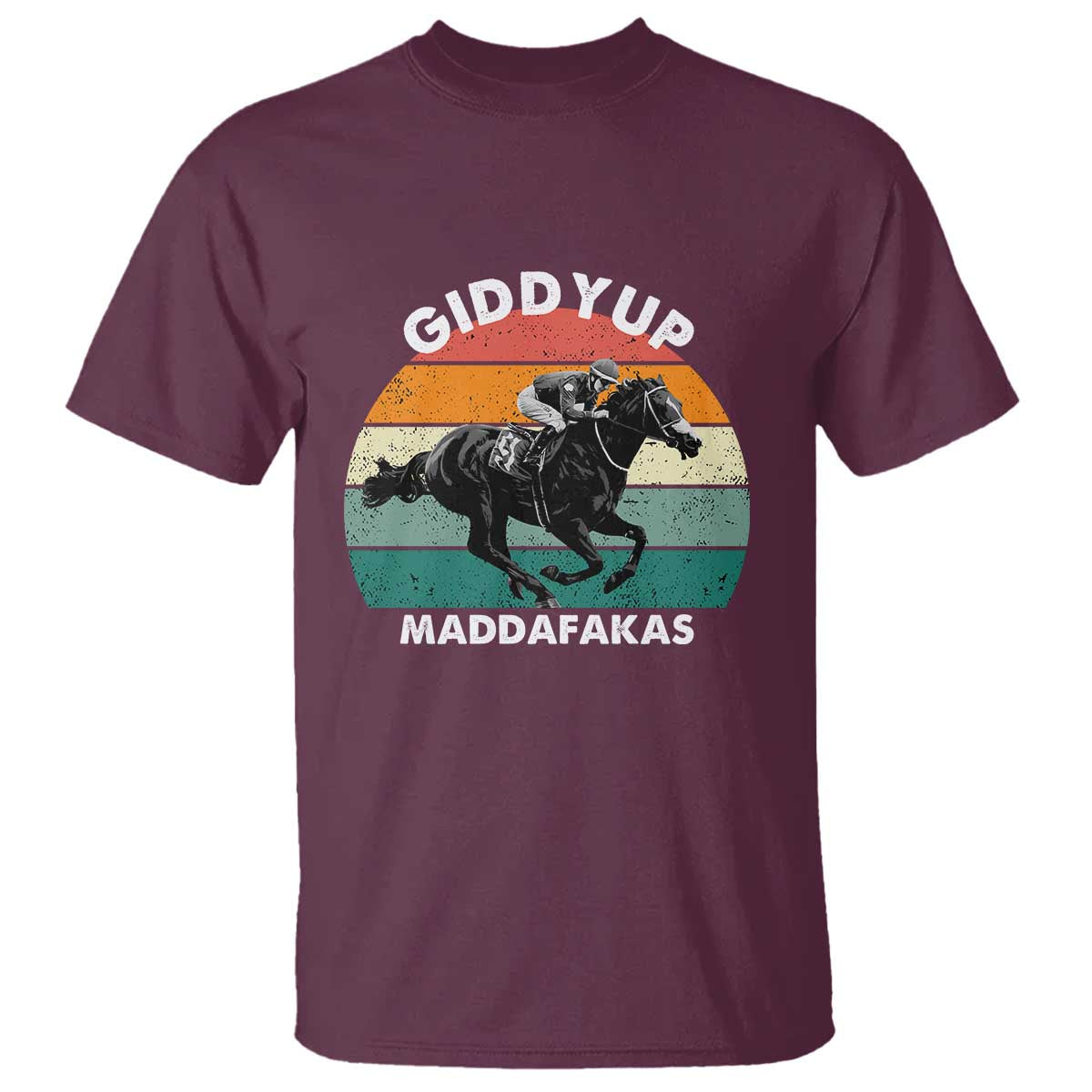 Giddy Up Madafakas Retro Sunset Horse Racing T Shirt Funny Sarcastic Equestrian Jockey Vintage 70s