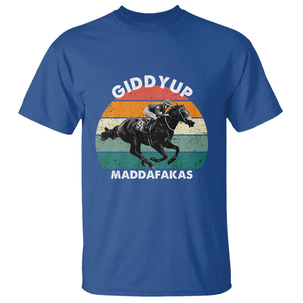 Giddy Up Madafakas Retro Sunset Horse Racing T Shirt Funny Sarcastic Equestrian Jockey Vintage 70s