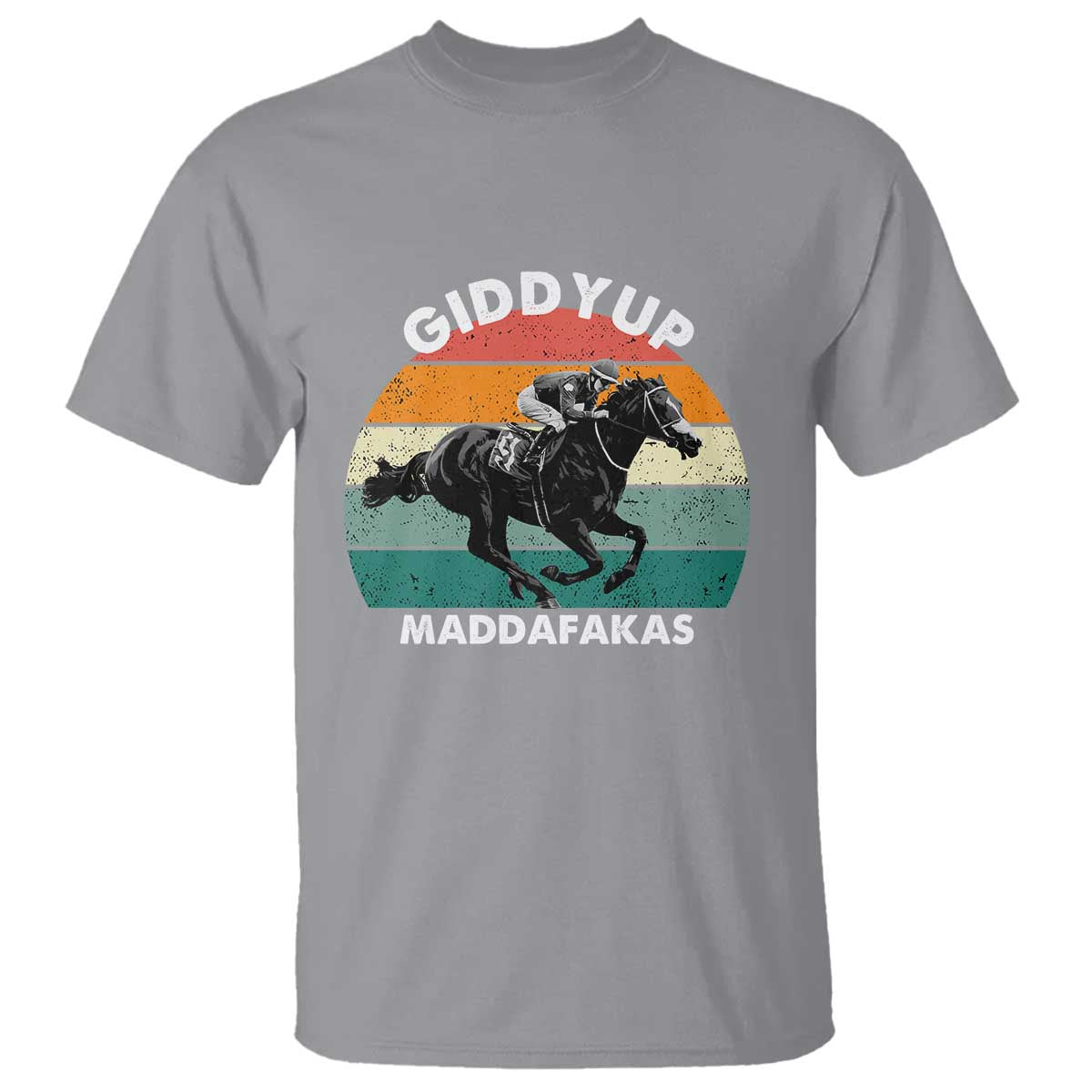 Giddy Up Madafakas Retro Sunset Horse Racing T Shirt Funny Sarcastic Equestrian Jockey Vintage 70s