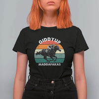 Giddy Up Madafakas Retro Sunset Horse Racing T Shirt For Women Funny Sarcastic Equestrian Jockey Vintage 70s