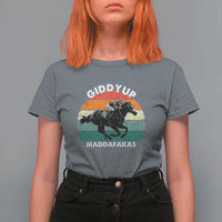Giddy Up Madafakas Retro Sunset Horse Racing T Shirt For Women Funny Sarcastic Equestrian Jockey Vintage 70s