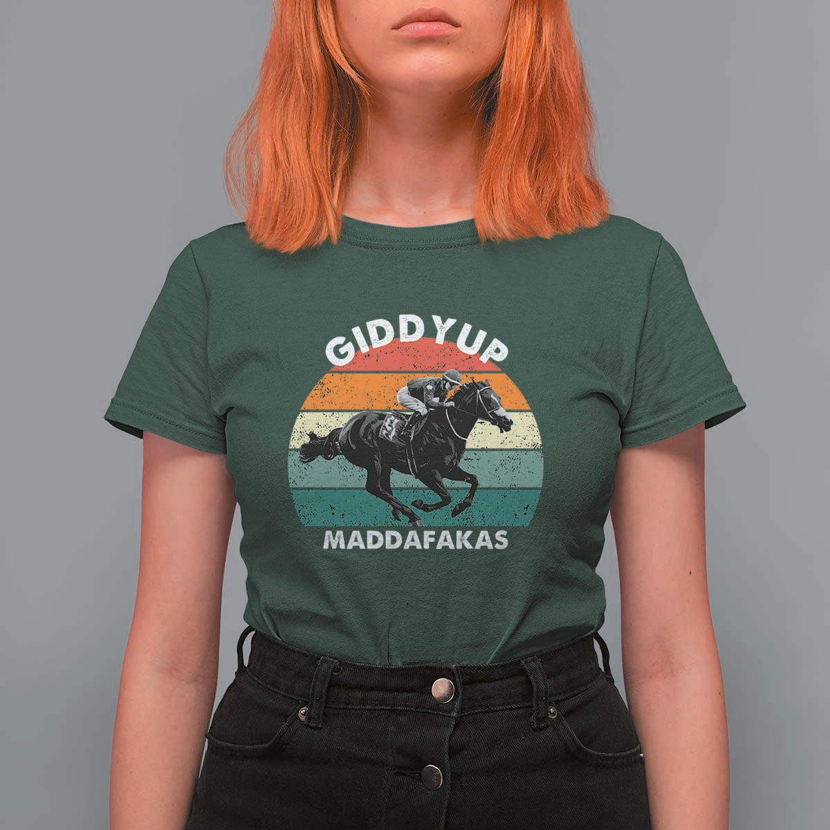 Giddy Up Madafakas Retro Sunset Horse Racing T Shirt For Women Funny Sarcastic Equestrian Jockey Vintage 70s
