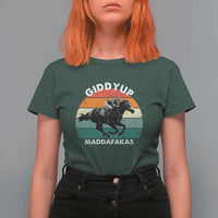 Giddy Up Madafakas Retro Sunset Horse Racing T Shirt For Women Funny Sarcastic Equestrian Jockey Vintage 70s