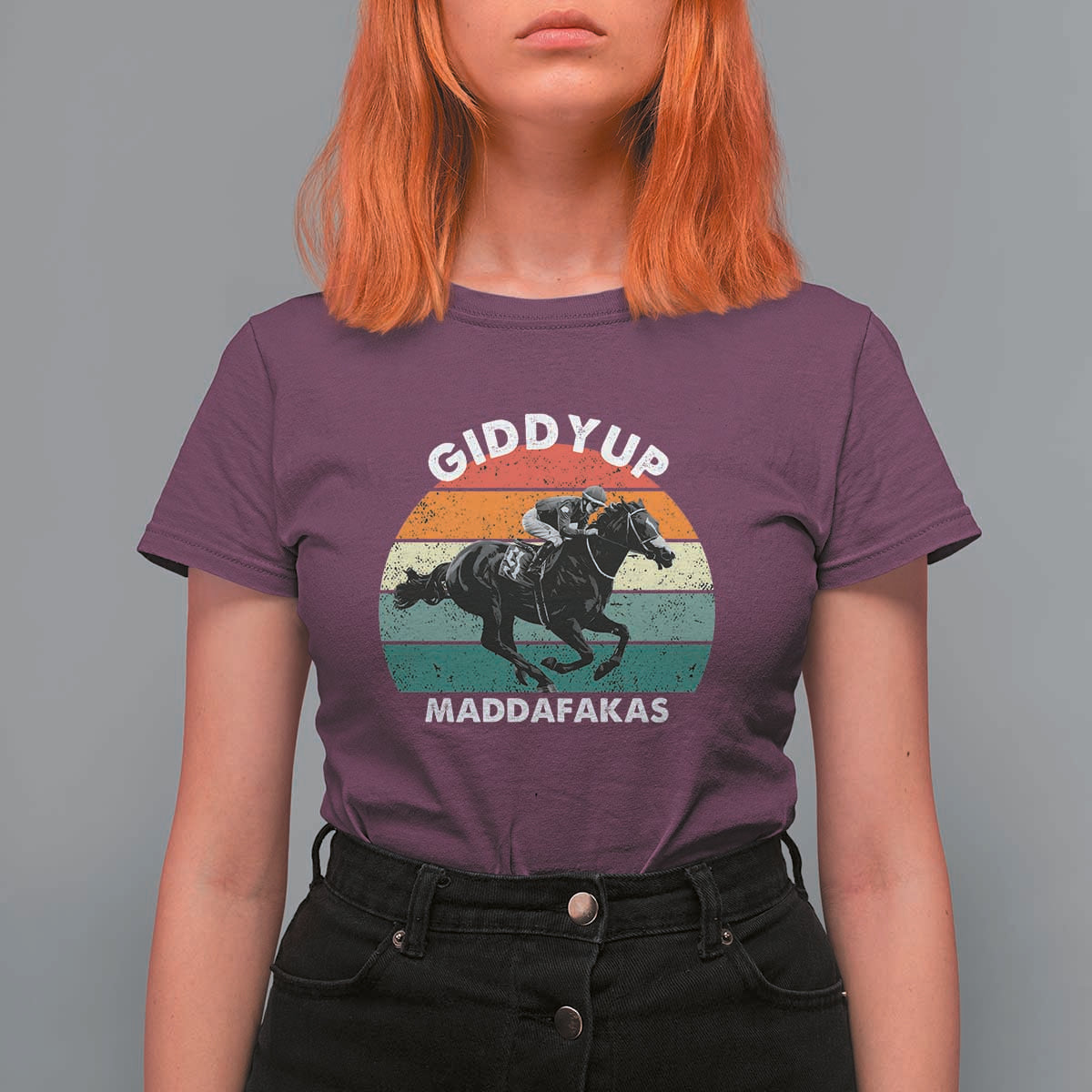 Giddy Up Madafakas Retro Sunset Horse Racing T Shirt For Women Funny Sarcastic Equestrian Jockey Vintage 70s