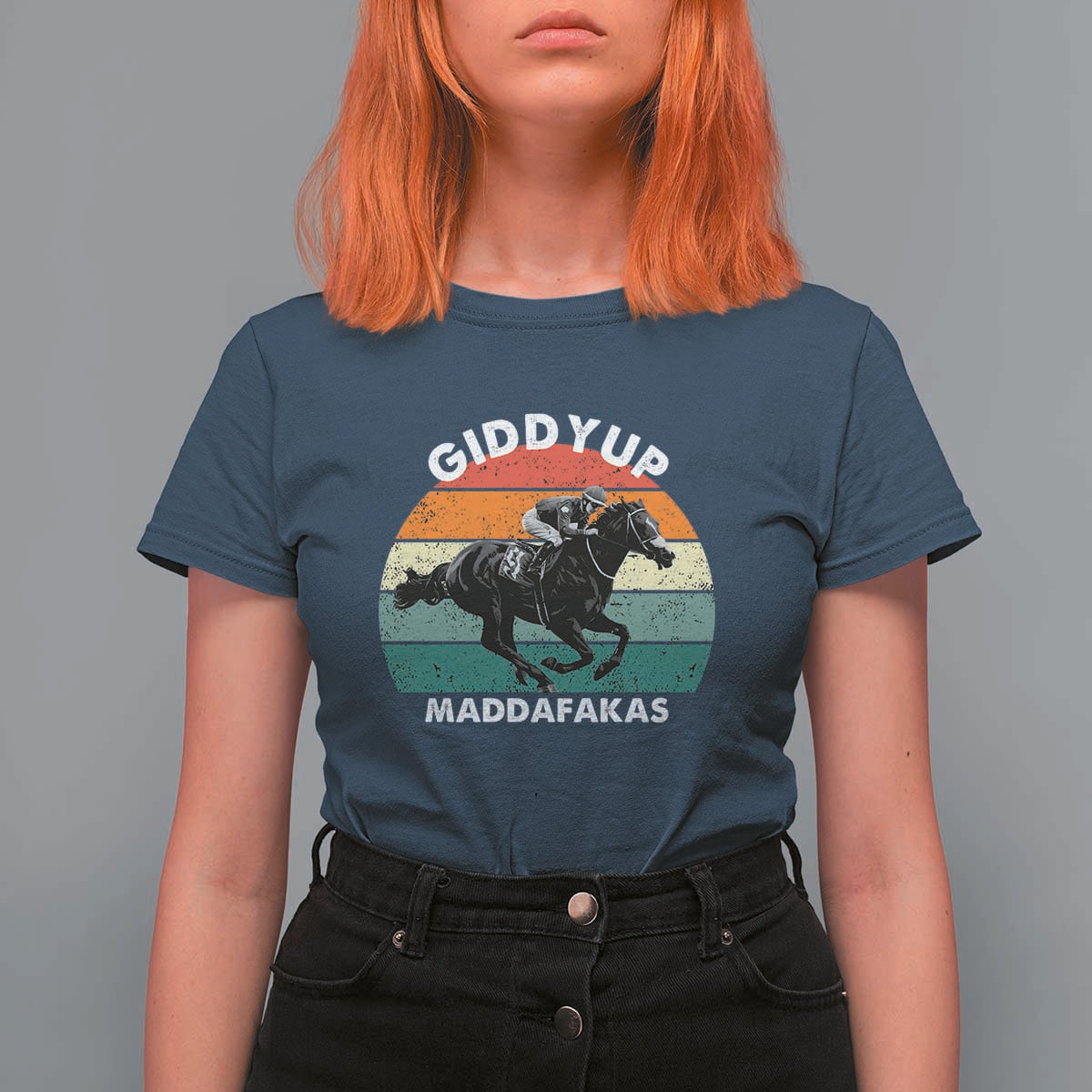 Giddy Up Madafakas Retro Sunset Horse Racing T Shirt For Women Funny Sarcastic Equestrian Jockey Vintage 70s