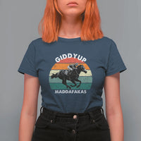 Giddy Up Madafakas Retro Sunset Horse Racing T Shirt For Women Funny Sarcastic Equestrian Jockey Vintage 70s