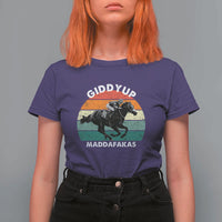 Giddy Up Madafakas Retro Sunset Horse Racing T Shirt For Women Funny Sarcastic Equestrian Jockey Vintage 70s