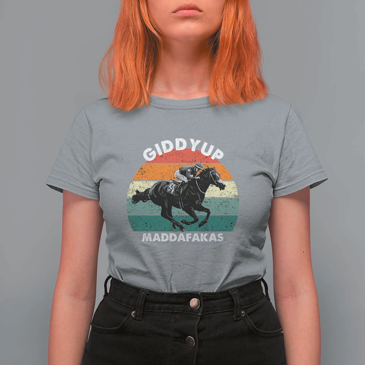 Giddy Up Madafakas Retro Sunset Horse Racing T Shirt For Women Funny Sarcastic Equestrian Jockey Vintage 70s