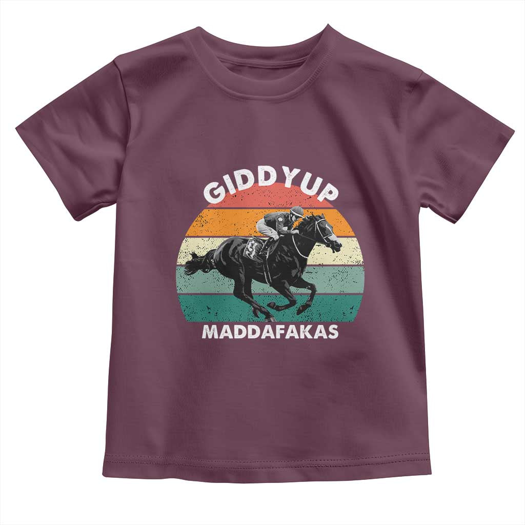 Giddy Up Madafakas Retro Sunset Horse Racing Toddler T Shirt Funny Sarcastic Equestrian Jockey Vintage 70s
