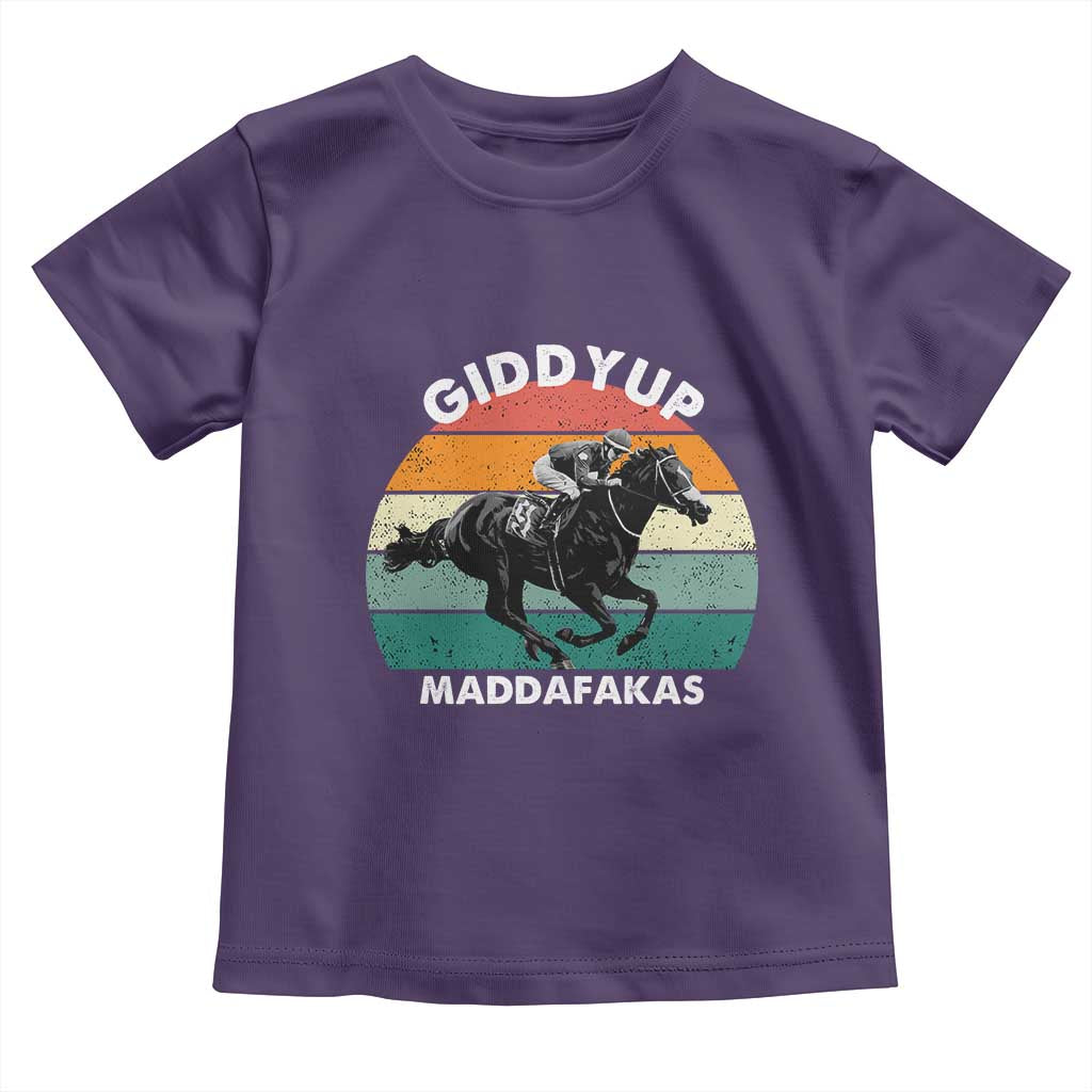 Giddy Up Madafakas Retro Sunset Horse Racing Toddler T Shirt Funny Sarcastic Equestrian Jockey Vintage 70s