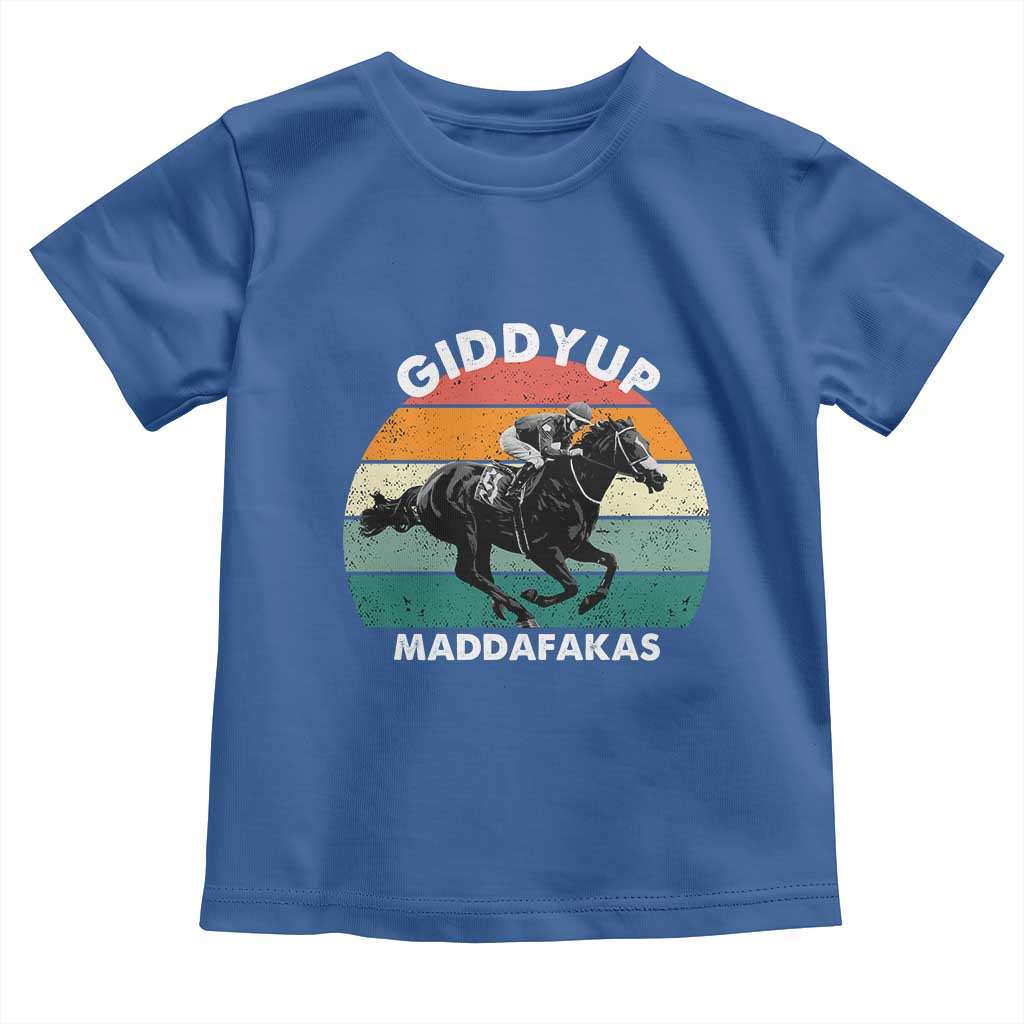 Giddy Up Madafakas Retro Sunset Horse Racing Toddler T Shirt Funny Sarcastic Equestrian Jockey Vintage 70s