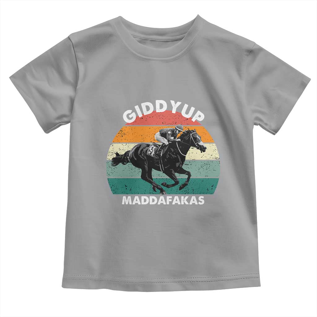 Giddy Up Madafakas Retro Sunset Horse Racing Toddler T Shirt Funny Sarcastic Equestrian Jockey Vintage 70s