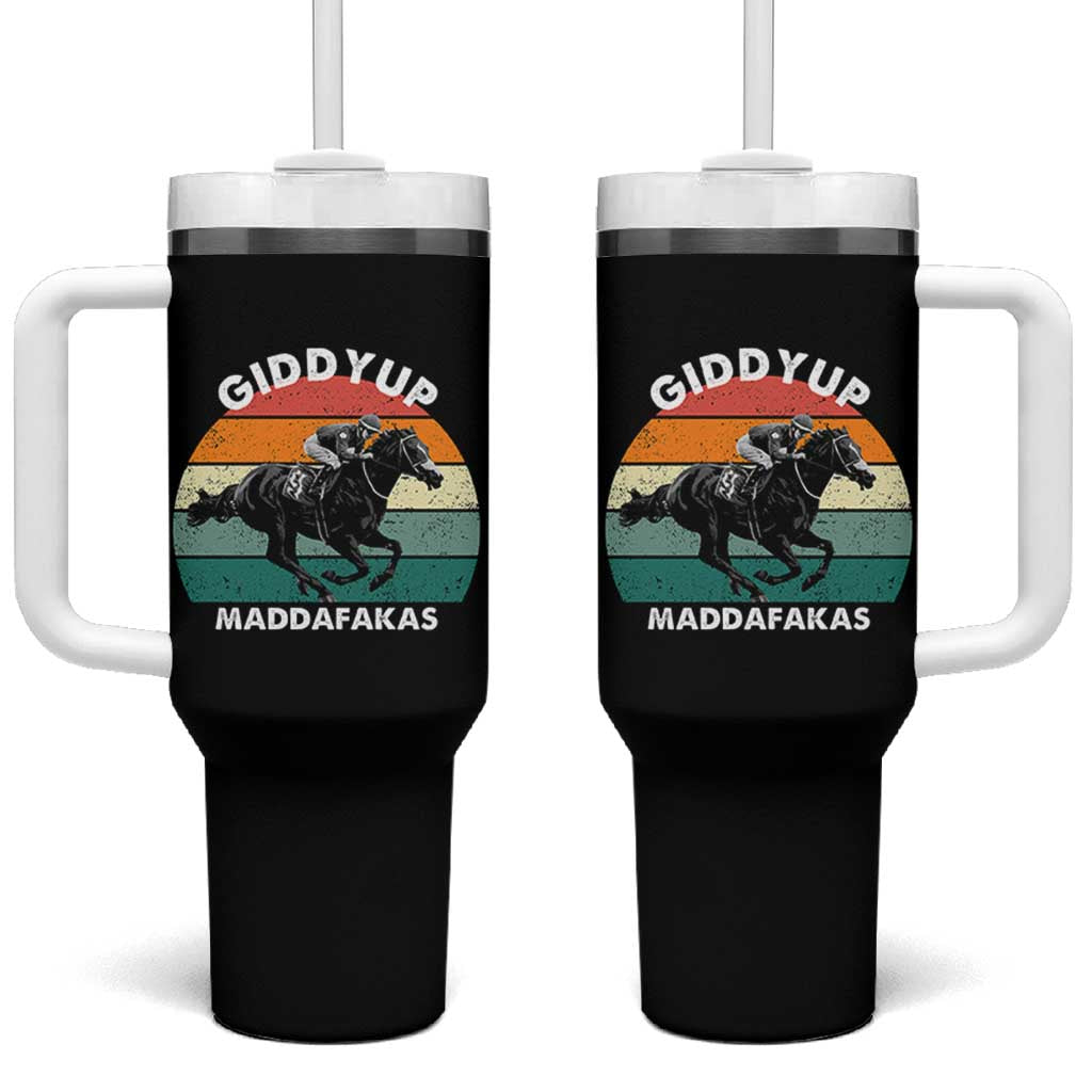 Giddy Up Madafakas Retro Sunset Horse Racing Tumbler With Handle Funny Sarcastic Equestrian Jockey Vintage 70s