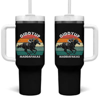 Giddy Up Madafakas Retro Sunset Horse Racing Tumbler With Handle Funny Sarcastic Equestrian Jockey Vintage 70s