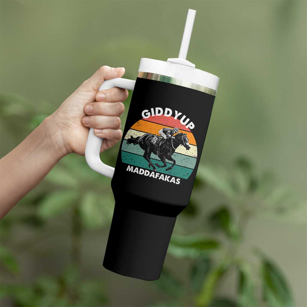 Giddy Up Madafakas Retro Sunset Horse Racing Tumbler With Handle Funny Sarcastic Equestrian Jockey Vintage 70s