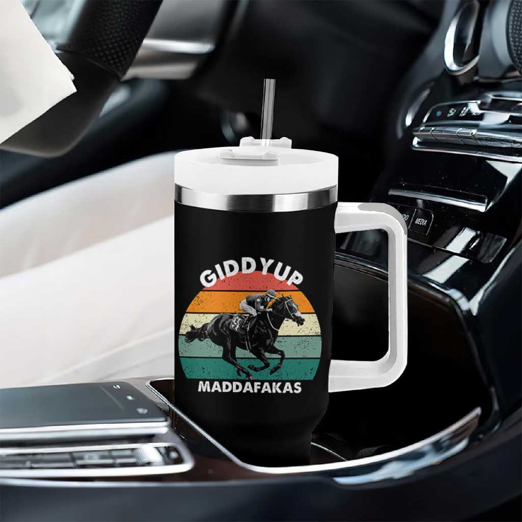 Giddy Up Madafakas Retro Sunset Horse Racing Tumbler With Handle Funny Sarcastic Equestrian Jockey Vintage 70s