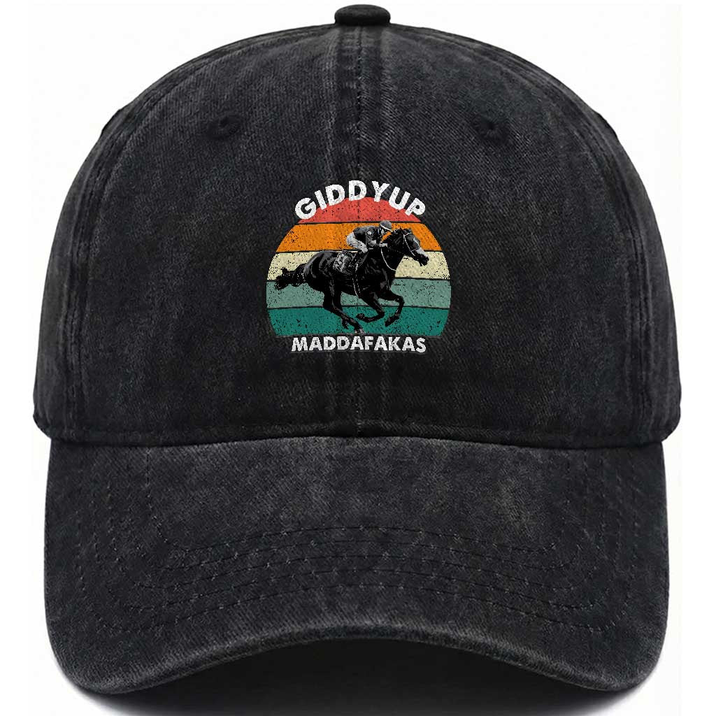 Giddy Up Madafakas Retro Sunset Horse Racing Washed Cotton Baseball Cap Funny Sarcastic Equestrian Jockey Vintage 70s