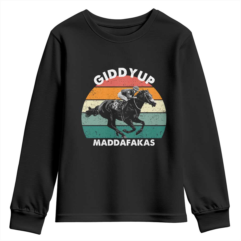 Giddy Up Madafakas Retro Sunset Horse Racing Youth Sweatshirt Funny Sarcastic Equestrian Jockey Vintage 70s