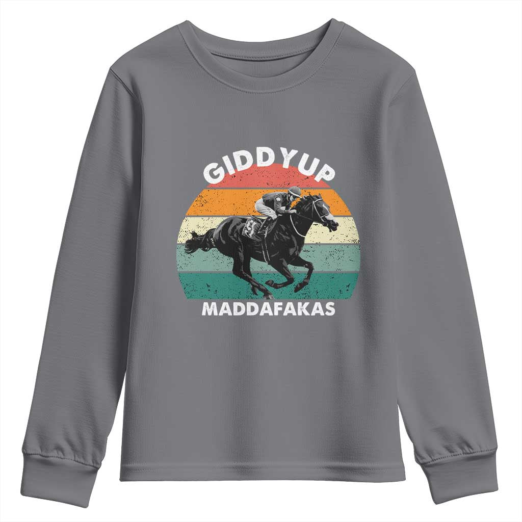 Giddy Up Madafakas Retro Sunset Horse Racing Youth Sweatshirt Funny Sarcastic Equestrian Jockey Vintage 70s