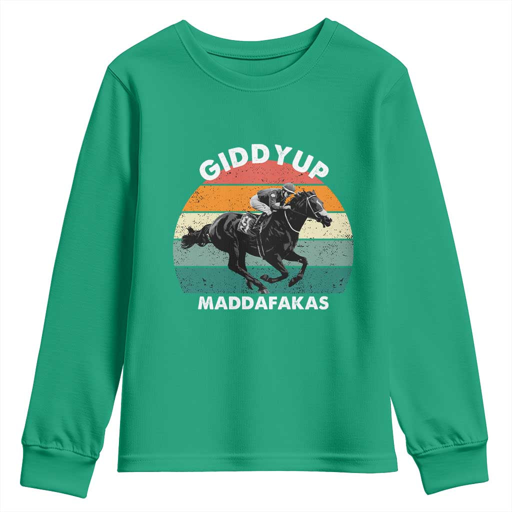 Giddy Up Madafakas Retro Sunset Horse Racing Youth Sweatshirt Funny Sarcastic Equestrian Jockey Vintage 70s