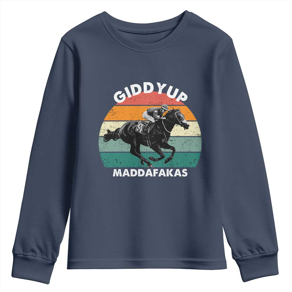 Giddy Up Madafakas Retro Sunset Horse Racing Youth Sweatshirt Funny Sarcastic Equestrian Jockey Vintage 70s