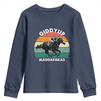 Giddy Up Madafakas Retro Sunset Horse Racing Youth Sweatshirt Funny Sarcastic Equestrian Jockey Vintage 70s