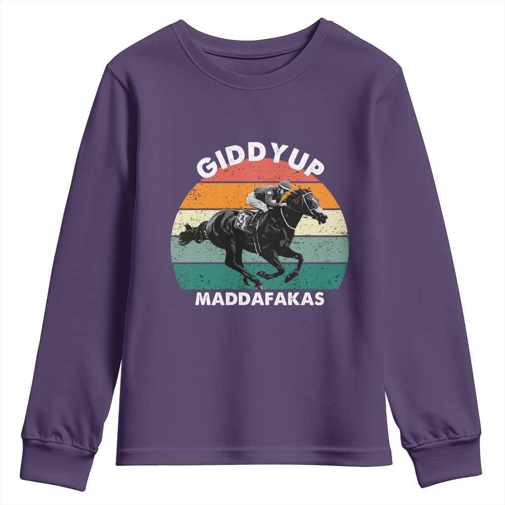 Giddy Up Madafakas Retro Sunset Horse Racing Youth Sweatshirt Funny Sarcastic Equestrian Jockey Vintage 70s
