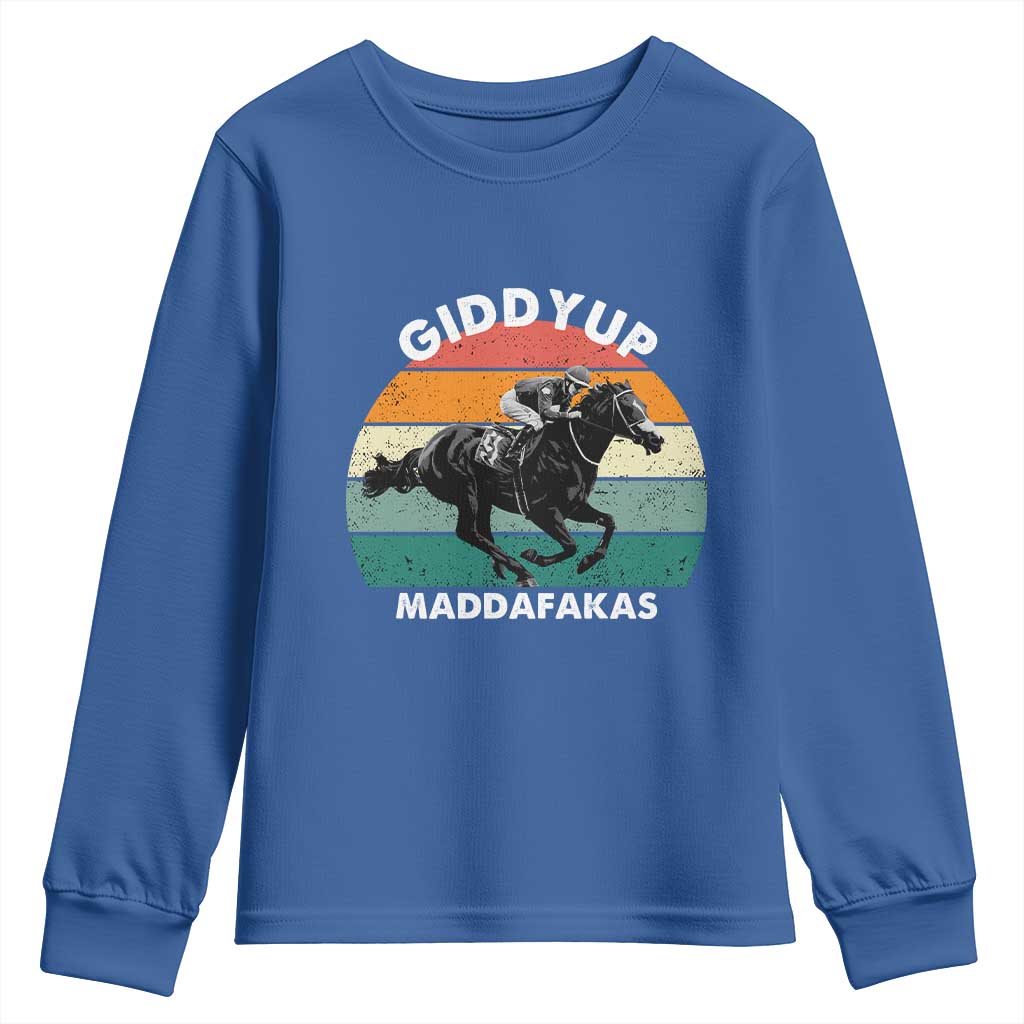 Giddy Up Madafakas Retro Sunset Horse Racing Youth Sweatshirt Funny Sarcastic Equestrian Jockey Vintage 70s