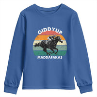 Giddy Up Madafakas Retro Sunset Horse Racing Youth Sweatshirt Funny Sarcastic Equestrian Jockey Vintage 70s