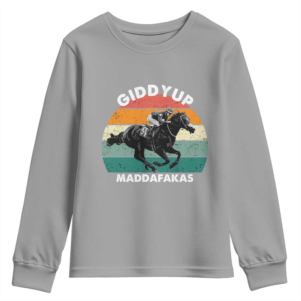 Giddy Up Madafakas Retro Sunset Horse Racing Youth Sweatshirt Funny Sarcastic Equestrian Jockey Vintage 70s