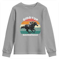 Giddy Up Madafakas Retro Sunset Horse Racing Youth Sweatshirt Funny Sarcastic Equestrian Jockey Vintage 70s