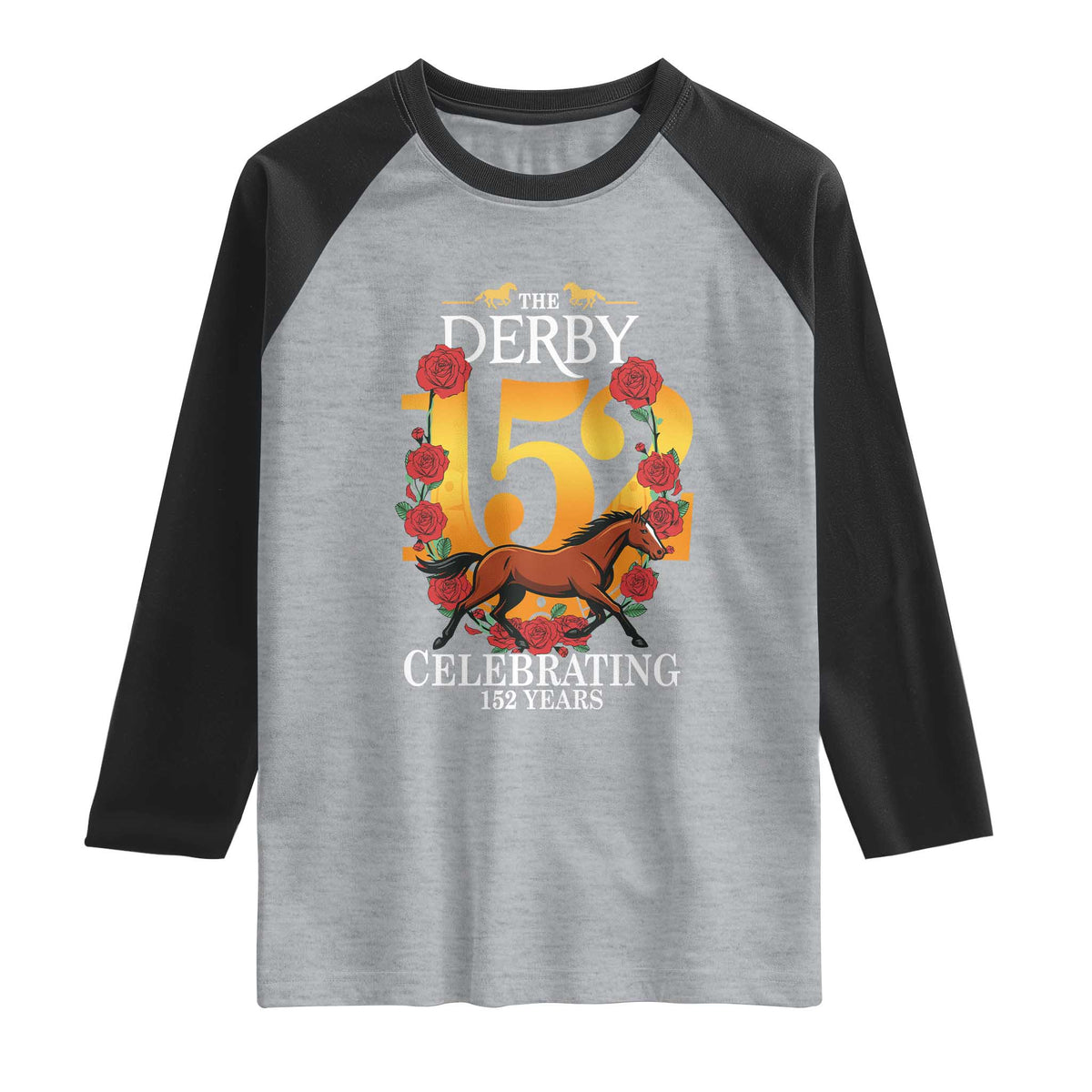 Celebrating 152 Years Horse Racing Anniversary Horseshoe Graphic Raglan Shirt Elegant Run Lucky Charm Floral 152nd Anniversary