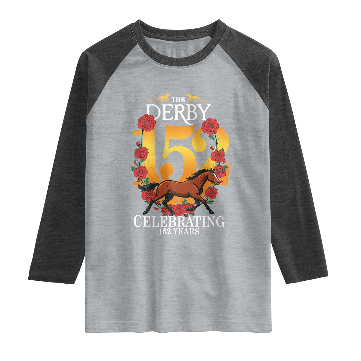 Celebrating 152 Years Horse Racing Anniversary Horseshoe Graphic Raglan Shirt Elegant Run Lucky Charm Floral 152nd Anniversary