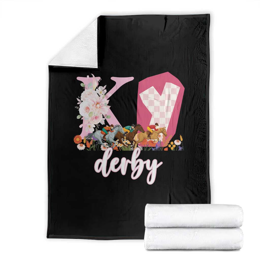 Retro Floral KY Horse Racing Graphic Throw Blanket Pink Gingham Southern Belle Derby Day Aesthetic