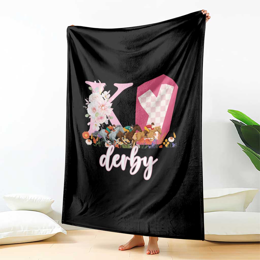 Retro Floral KY Horse Racing Graphic Throw Blanket Pink Gingham Southern Belle Derby Day Aesthetic