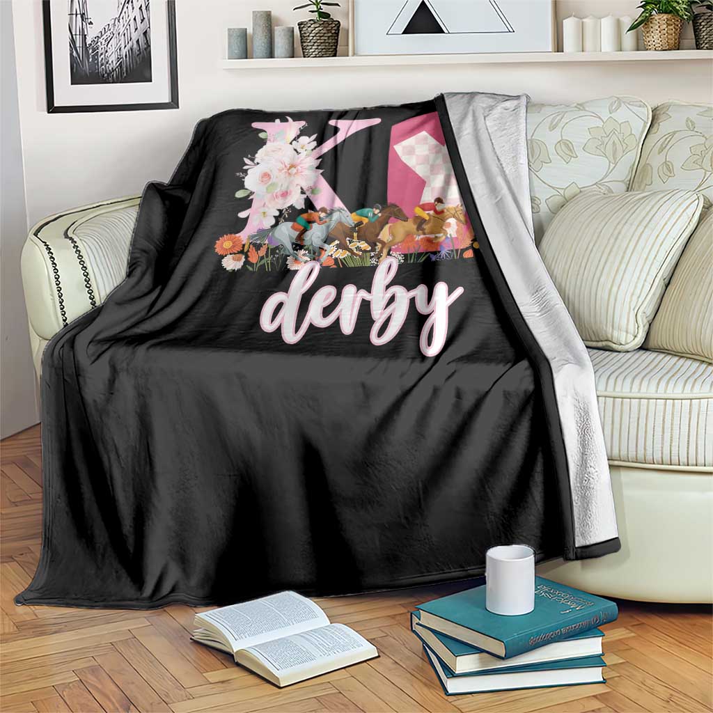 Retro Floral KY Horse Racing Graphic Throw Blanket Pink Gingham Southern Belle Derby Day Aesthetic