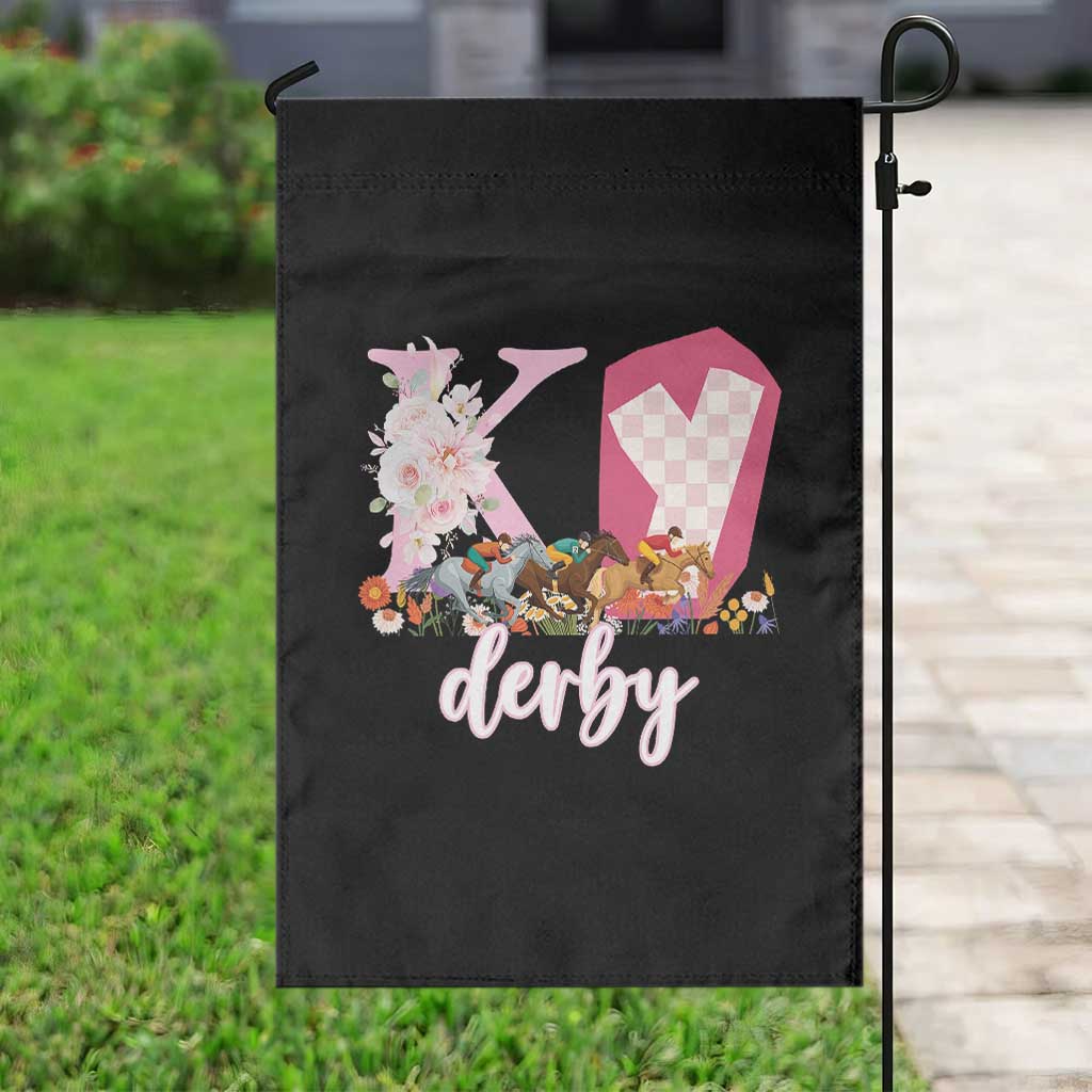 Retro Floral KY Horse Racing Graphic Garden Flag Pink Gingham Southern Belle Derby Day Aesthetic