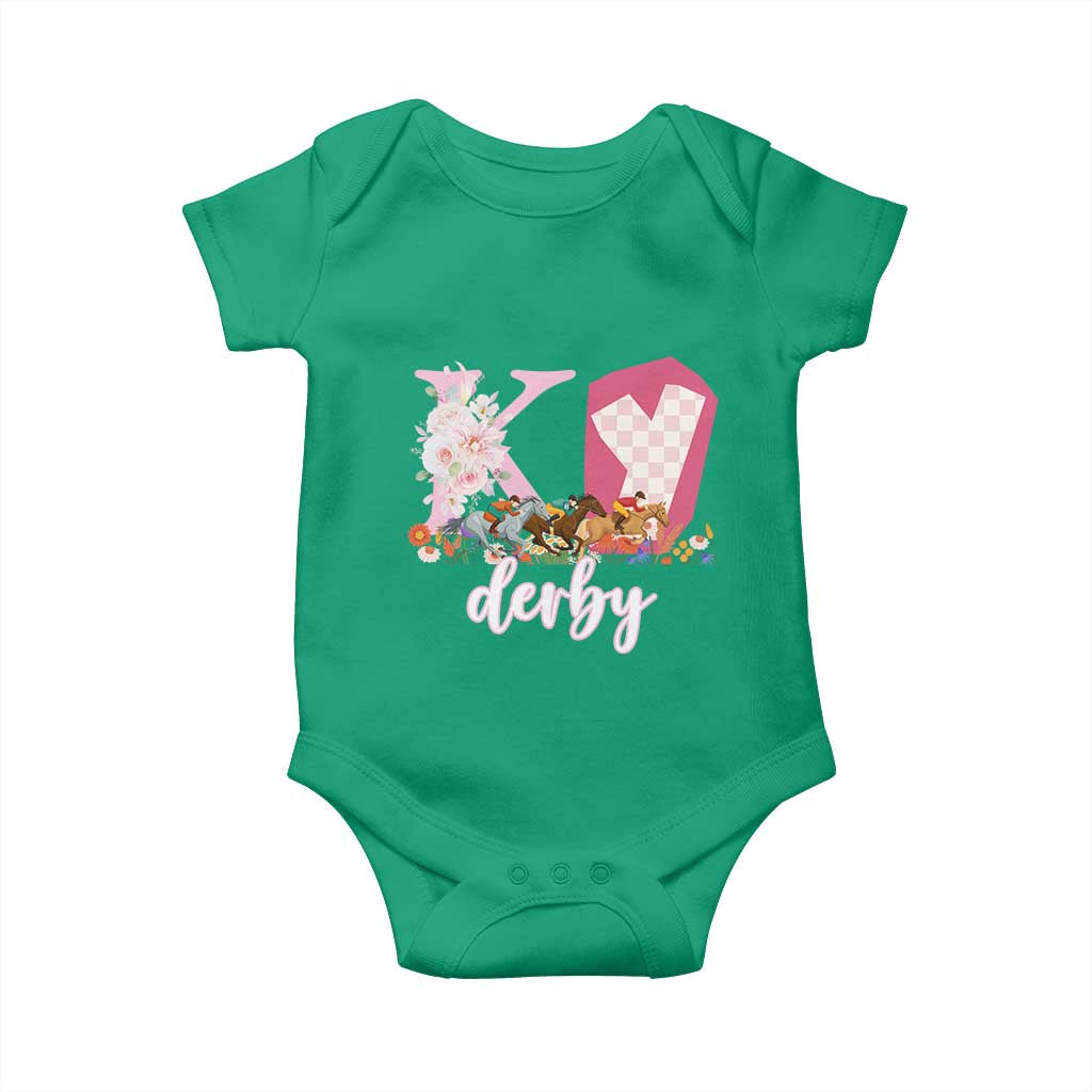 Retro Floral KY Horse Racing Graphic Baby Onesie Pink Gingham Southern Belle Derby Day Aesthetic