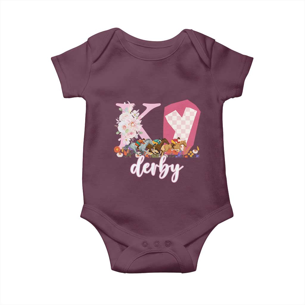 Retro Floral KY Horse Racing Graphic Baby Onesie Pink Gingham Southern Belle Derby Day Aesthetic