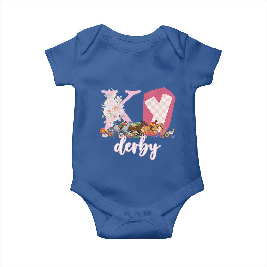 Retro Floral KY Horse Racing Graphic Baby Onesie Pink Gingham Southern Belle Derby Day Aesthetic