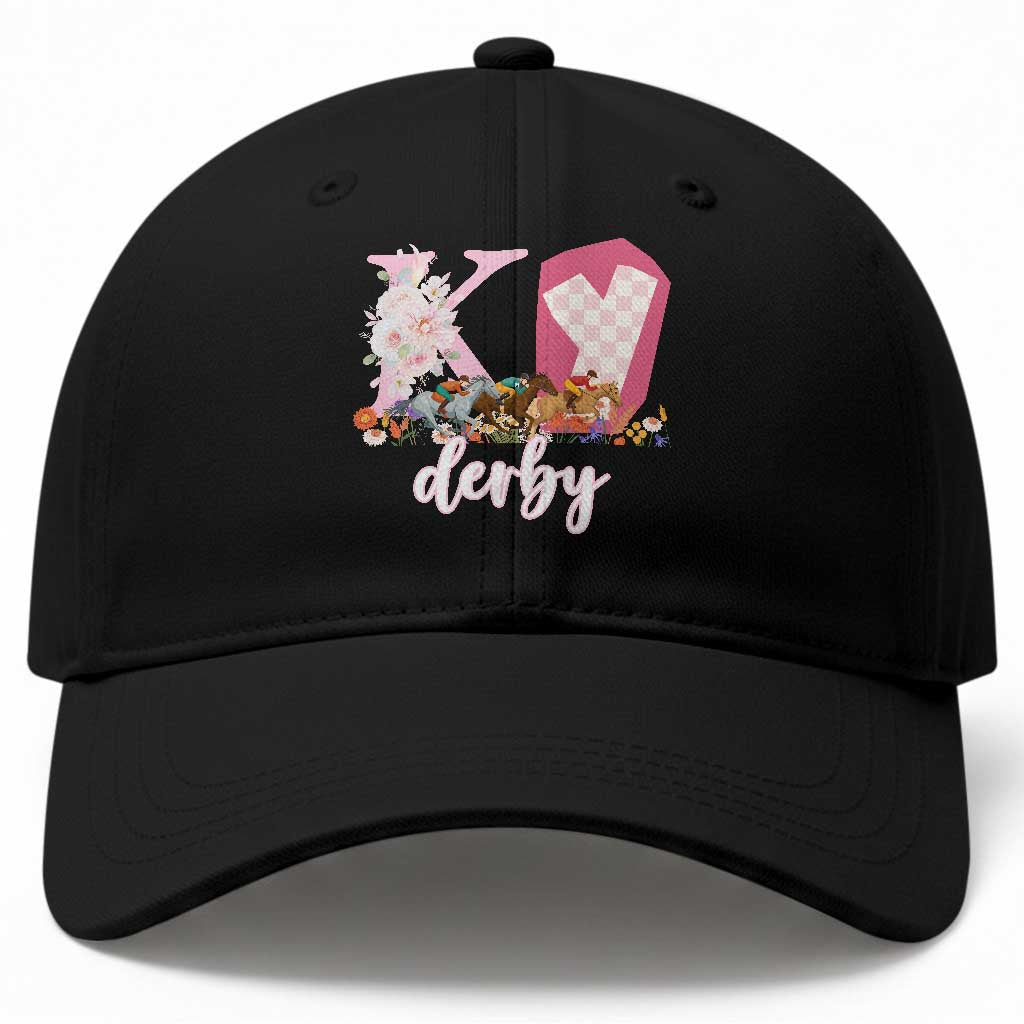 Retro Floral KY Horse Racing Graphic Baseball Cap Pink Gingham Southern Belle Derby Day Aesthetic