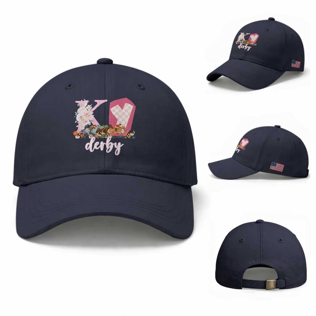 Retro Floral KY Horse Racing Graphic Baseball Cap Pink Gingham Southern Belle Derby Day Aesthetic