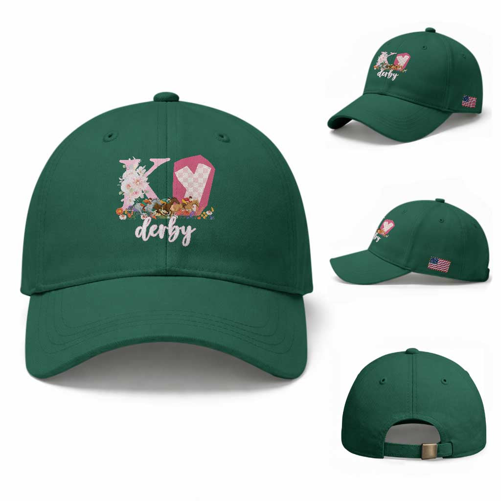 Retro Floral KY Horse Racing Graphic Baseball Cap Pink Gingham Southern Belle Derby Day Aesthetic