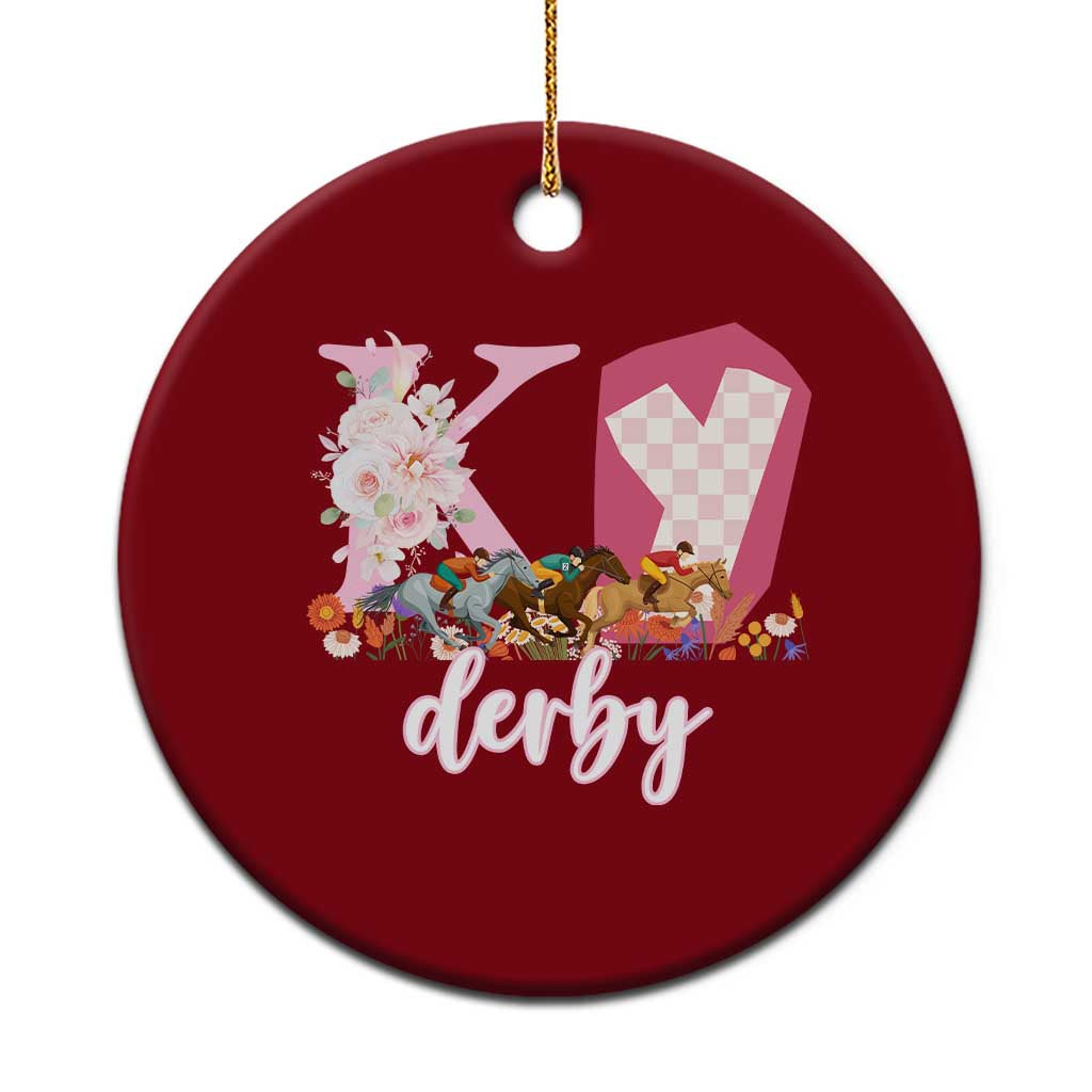 Retro Floral KY Horse Racing Graphic Ceramic Ornament Pink Gingham Southern Belle Derby Day Aesthetic