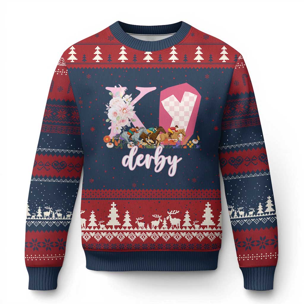 Retro Floral KY Horse Racing Graphic Ugly Christmas Sweater Pink Gingham Southern Belle Derby Day Aesthetic