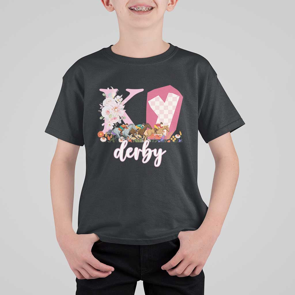 Retro Floral KY Horse Racing Graphic T Shirt For Kid Pink Gingham Southern Belle Derby Day Aesthetic