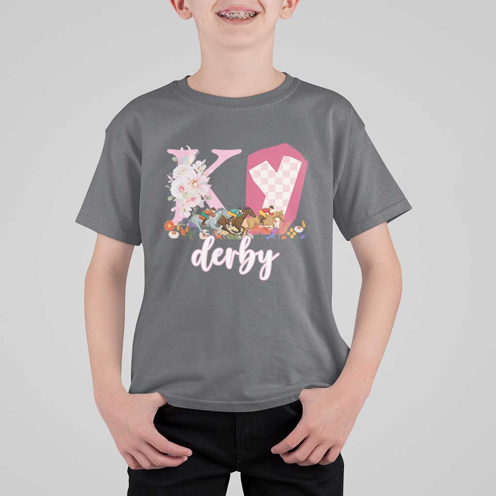 Retro Floral KY Horse Racing Graphic T Shirt For Kid Pink Gingham Southern Belle Derby Day Aesthetic